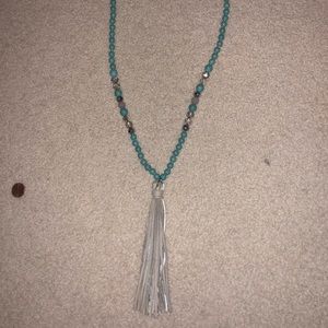 Long Turquoise and Grey Tassel Necklace